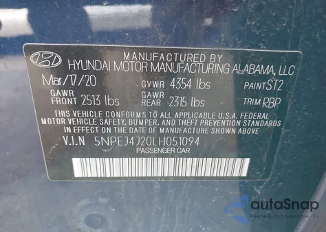 2020 Hyundai Sonata Sel Plus from USA, damaged, VIN 5NPEJ4J20LH051094